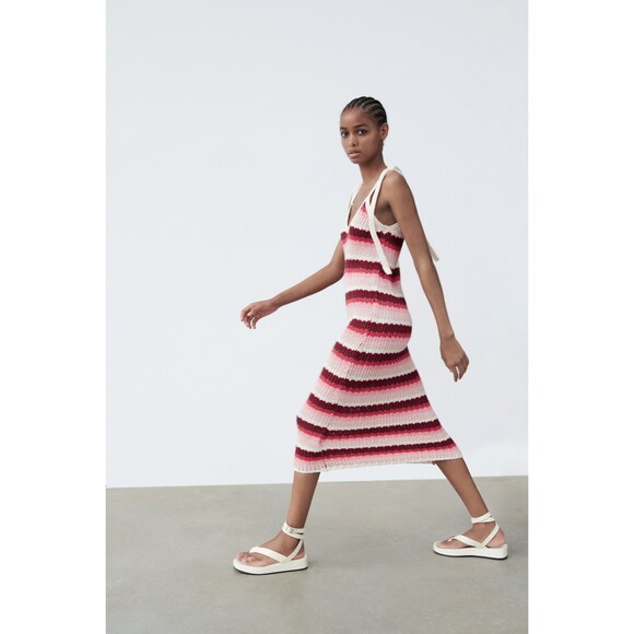 Zara Striped Tie Shoulder Sleeveless Knit Midi Dress (NWT) - Picture 3 of 8